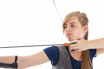 Girl holding a bow and arrow in closeup - 72932641