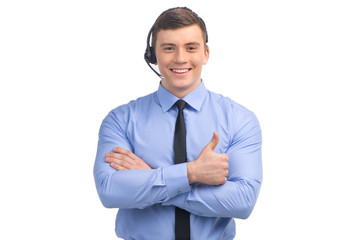 handsome technical support operator working on white.