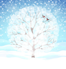 Winter background with snowy tree and bullfinches