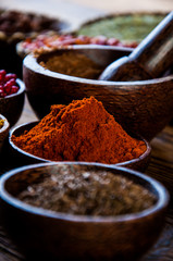 Hot spices in bowls, oriental theme