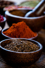 Hot spices in bowls, oriental theme