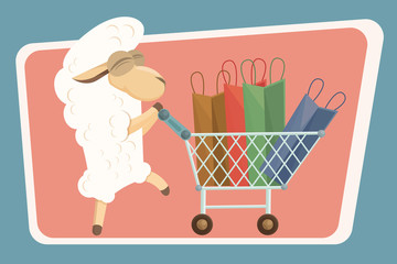 Vector illustration. Card with baby lamb and shopping bags. © mega_spy