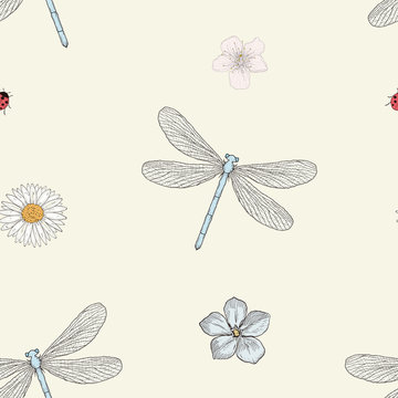 dragonfly and flowers seamless pattern