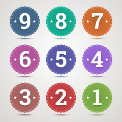 Set of round emblems with numbers from 1 to 9 in flat style and