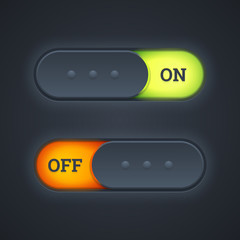 On and off switch toggle buttons with green and red lights. Vect