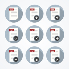 Pdf documents icons set in flat style with add, remove, download