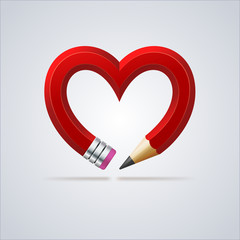 Red pencil forming the heart. Vector illustration.