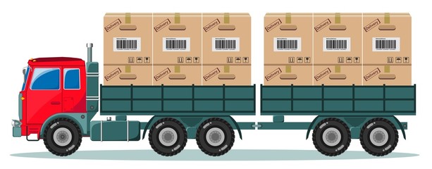 Truck With Cargo Boxes on Trailer, Vector Illustration