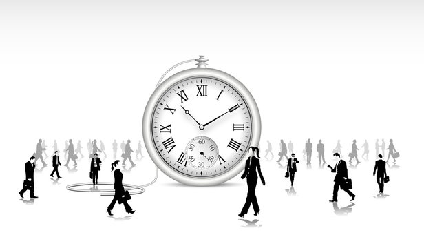 business people walking around large clock clip art preview