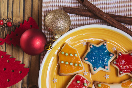 Christmas handmade cookies on wooden background