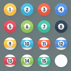 Colored Pool Balls. Numbers 1 to 15 and zero ball.