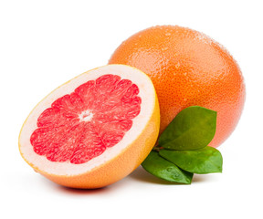grapefruit and slice with leaves isolated - 72944209