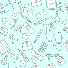 Doodle medical seamless pattern. Set of medicine icons