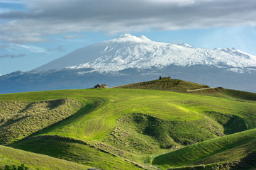 Country Scene Of Volcano Etna Snowcapped, Sicily - obrazy, fototapety, plakaty