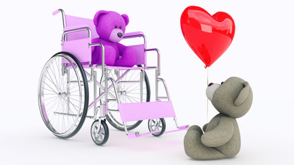 Fototapeta na wymiar Concept of love. Two teddy bears in wheelchair with red heart