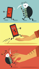 Vector flat illustrations of mobile devices bugs