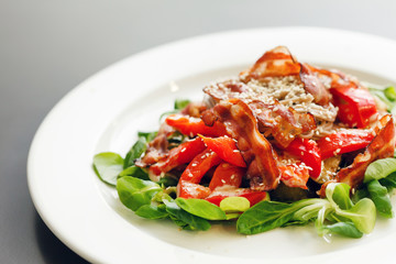 warm salad with noodle and bacon