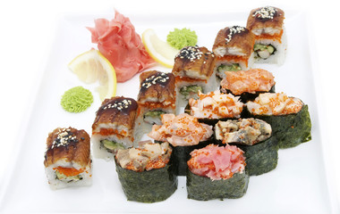 Japanese sushi with caviar on a white background