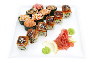 Japanese sushi with caviar on a white background