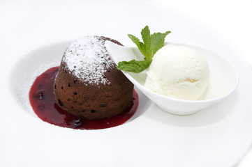 chocolate dessert with ice cream on a white background