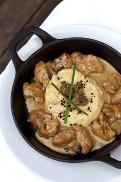 Sweetbeards, pollenta and morel on a plate