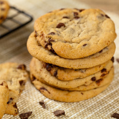 Chocolate chip cookies on wooden table