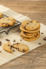 Chocolate chip cookies on wooden table