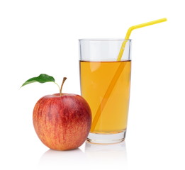 Close-up shot whole red apple with juice with straw