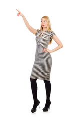 Woman pressing virtual button isolated on white