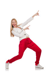 Woman pressing virtual button isolated on white