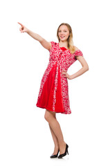 Fototapeta premium Woman pressing virtual button isolated on white