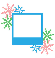 Blue photo frame with snowflakes isolated on white background