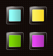 Four multicolred bright transparent glassy square icons on black