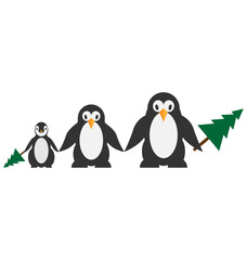 Penguins family with Christmas tree isolated on white