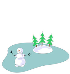 Snowman on frozen lake with three tree