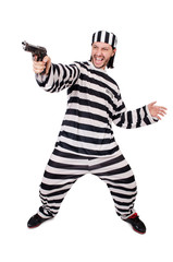 Prison inmate with gun isolated on white