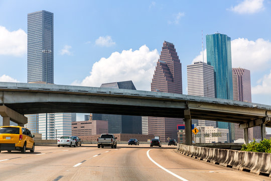 Houston Skyline At Gulf Freeway I-45 Texas US