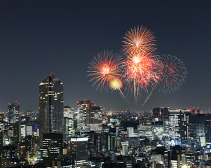 Fireworks celebrating over Tokyo cityscape at night