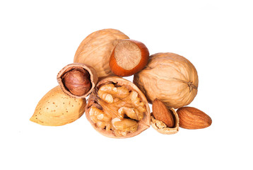 Nuts isolated on white. Hazelnuts, almonds and walnuts