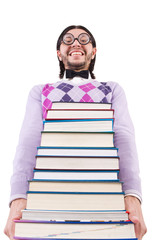 Funny student with books isolated on white