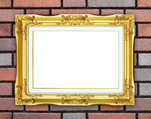 golden frame on brick stone wall background