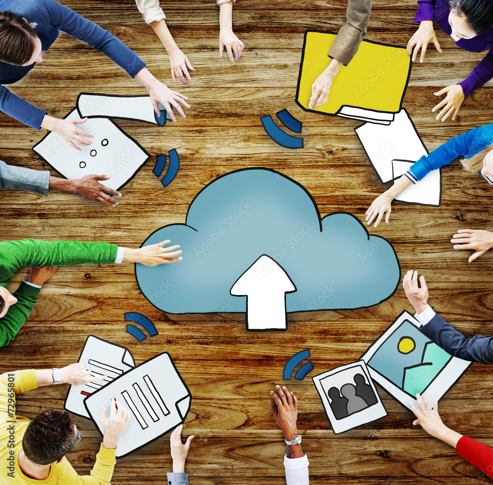 Poster aerial view of people and cloud computing concepts