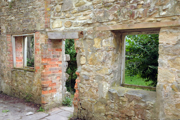 Fototapeta na wymiar Interior of ruined cottage in deserted Dorset village of Tyneham