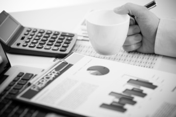 Businessman analyzing investment charts with laptop. Accounting