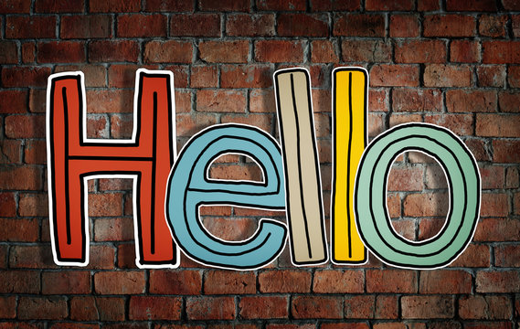 Word Hello on Brick Wall Background