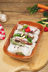 Cabbage rolls stuffed with rice and meat, prepared for cooking