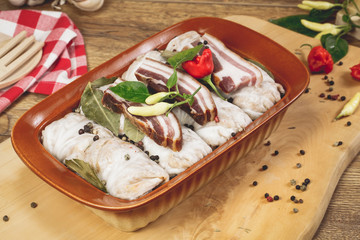 Cabbage rolls stuffed with rice and meat, prepared for cooking