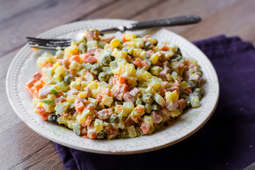 Olivier salad a festive table, new year