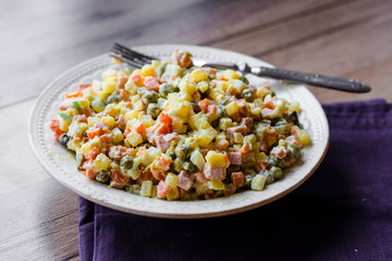 Olivier salad a festive table, new year