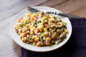 Olivier salad a festive table, new year